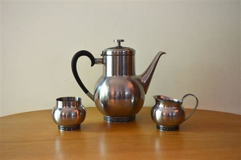 metal box tea set|vintage stainless steel tea set.